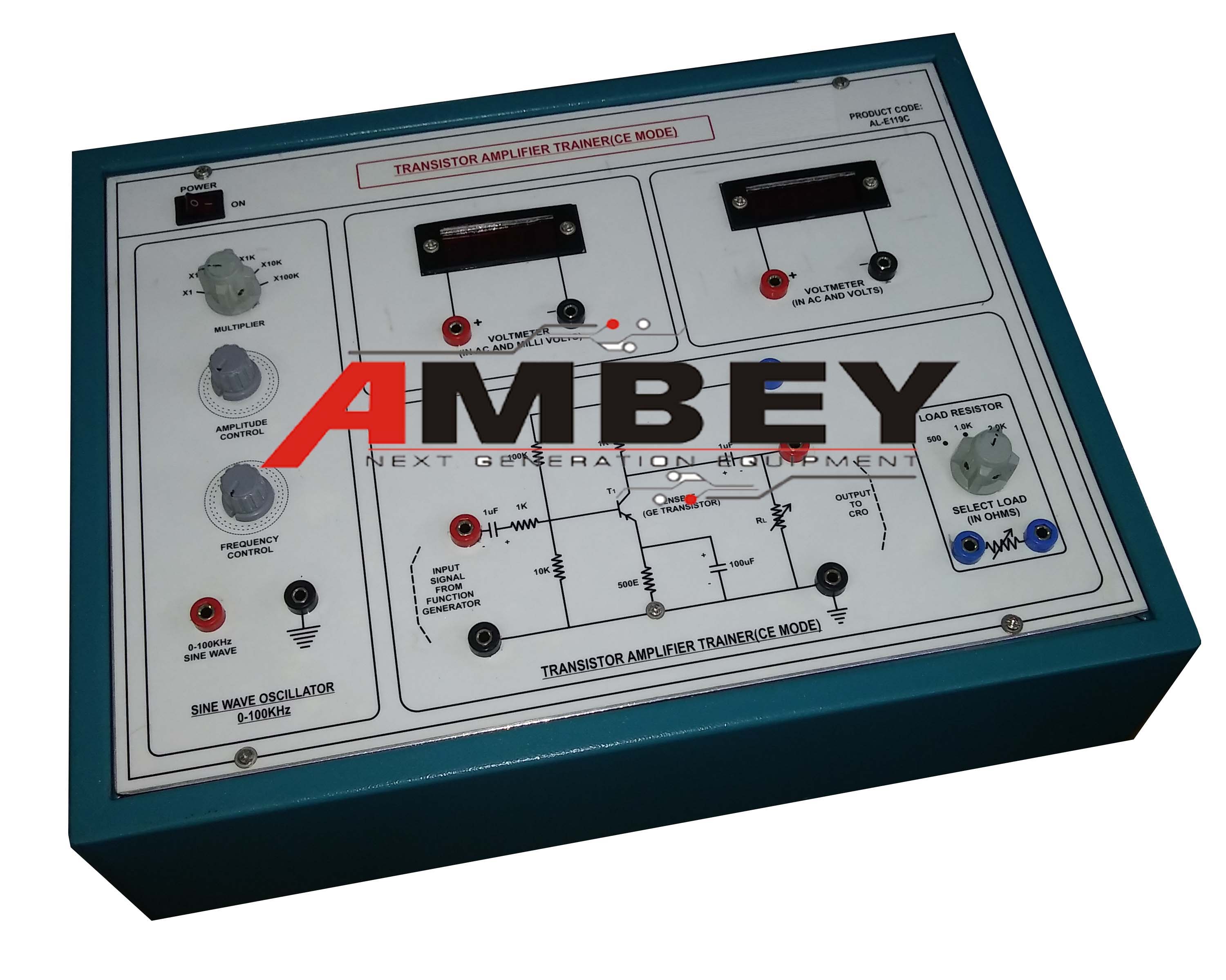AL-E119C RC COUPLED AMPLIFIER (SINGLE STAGE) OR COMMON EMITTER AMPLIFIER TRAINER WITH SINE WAVE OSCILLATOR AND AC MILLIVOLTMETER